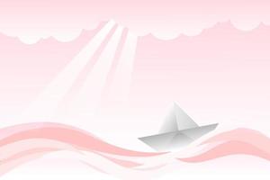 ilustración de un barco en el mar con un tema de color rosa. barco de papel blanco de origami flotando en el mar con nubes en color rosa vector