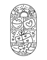 Valentine vector composición constructor flor, labios, caja de regalo y corazones. logotipo de vacaciones de amor dibujado a mano en marco redondo para tarjeta de felicitación, invitación de diseño web