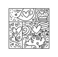 Vector Valentines logo composition hearts, cake, abstract. Love handwritten text. Hand drawn monoline constructor in square frame for greeting card