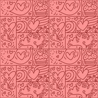 Valentines logo vector seamless pattern love, cake, heart line and abstract on pink background. Hand drawn monoline constructor for romantic greeting card