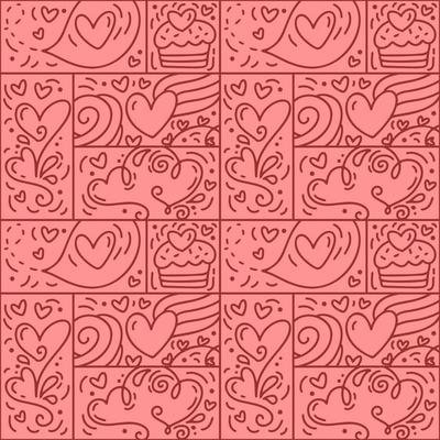 Valentines logo vector seamless pattern love, cake, heart line and abstract on pink background. Hand drawn monoline constructor for romantic greeting card