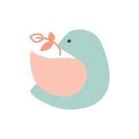 Vector 70s cute Dove spring bird with branch in beak. Groovy hippie funny boho pastel palette. Great for fabric, giftwrap, scrapbooking, packaging, poster, card