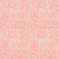 Valentines logo vector seamless pattern love, bird, heart, envelope line and abstract on pink background. Hand drawn monoline constructor for romantic greeting card