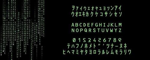 Alphabet, numbers and special characters for source code. VR typography for web projects. Rain of green glowing signs on black screen. Wallpaper graphic generated in illustrator. Hacking subject. vector
