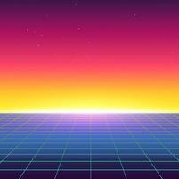 Synthwave Retro Landscape in 80's Style. Graphic For Retro Wave Music. Album Cover. 1984 skyline design. 3D VR futuristic illustration for print. Abstract colorful wallpaper. vector