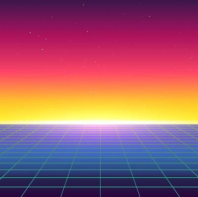 Synthwave Retro Landscape in 80's Style. Graphic For Retro Wave Music. Album Cover. 1984 skyline design. 3D VR futuristic illustration for print. Abstract colorful wallpaper.