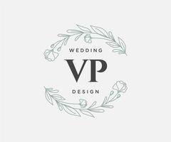 Colección de logotipos de monogramas de boda con letras iniciales vp, plantillas florales y minimalistas modernas dibujadas a mano para tarjetas de invitación, guardar la fecha, identidad elegante para restaurante, boutique, café en vector