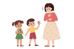 Cute kids giving flower to mom cartoon vector