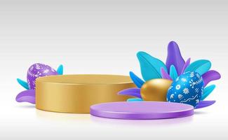 Vector template of 3D platforms for your object with painted Easter eggs and grass. Colorful illustration of volumetric podium, stand, place.