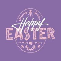 HAPPY EASTER typography on background of an egg with floral patterns in folk style. Vector template with scandinavian lettering and ethnic ornament for stamp, greeting card. Spring Christian holiday.