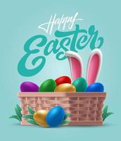 Lettering HAPPY EASTER. Volume realistic 3D wicker basket, painted eggs, rabbit ears on grass. Colorful vector template with typography for greeting card, banner. Spring Christian holiday.