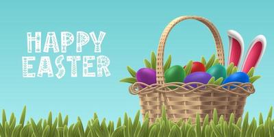 Greeting card with typography HAPPY EASTER. Volumetric realistic wicker basket with colored eggs and rabbit ears on grass. Colorful vector template for banner, wallpaper. Spring Christian holiday.