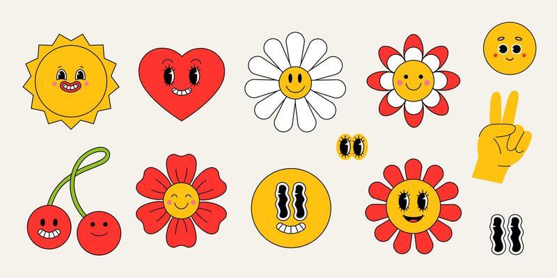 Abstract Hipster Cool Trendy emoji, Funny different characters, Retro Stickers, patches, and pins. Vector illustration in flat style