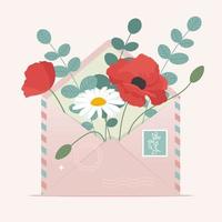 flores de primavera en un sobre. linda ilustración vectorial en estilo plano, plantilla para tarjeta de felicitación, afiche, pancarta vector