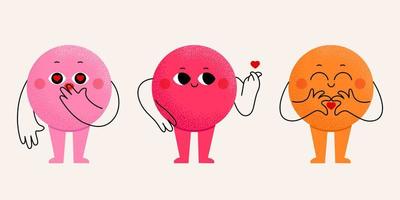 Set of cute funny different bright emoji with face, arms and legs. Different love sign. Vector isolated illustration in hand drawn trendy style