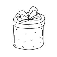 Round gift box in doodle style with ribbon. Cute present box isolated vector illustration.