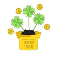 Flower Pot with Clover Plant Coins Around Good Luck wish for St Patricks Day vector