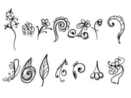 Floral doodle motifs with ornate swirls, a set of elements with petals and spirals for decoration vector