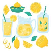 juego de limonada de dibujos animados. limonada en tarro, cócteles de menta, bebidas de jarra con pajita, rodaja de limón, exprimidor vector