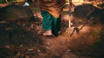 An Indonesian man exploring the jungle in a green dress while holding a stick lonely near the tree video