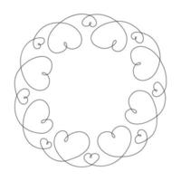 Abstract round frame made of hearts in one continuous line. Line art. Happy Valentines day Design vector