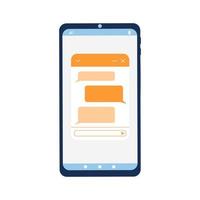 Smartphone interface whit pop up chat bot window. Lifechat form with message bubbles on phone screen. Virtual assistant, mobile messenger app, online customer support concept vector
