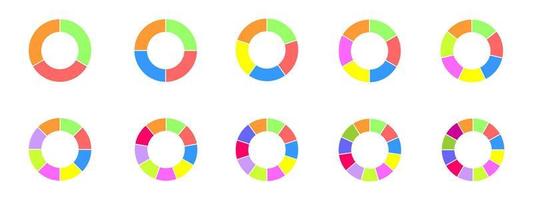 Donut charts set. Colorful circle diagrams divided in sections form 3 to 12. Infographic wheels icons. Round shapes cut in equal parts vector