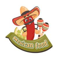 Cartoon character chilli pepper in sombrero hat with lime, maracas. Mexican food text on frame. Doodle drawn vector illustration for dishes, menu, poster, flyer, banner, delivery, cooking concept