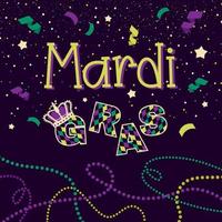 Mardi Gras greeting card. Masquerade mask, beads, confettitraditional elements for party decoration. Holiday banner for celebration carnival, masquerade ball. Vector illustration for invitation, flyer