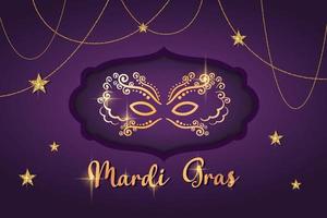 Mardi Gras mask. 3d masquerade Holiday banner with gold beads, confetti, stars, bright  lettering for carnival, traditional festive event. Vector realistic illustration for invitation, flyer, party