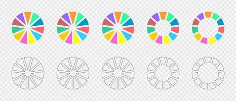 Donut charts set. Infographic wheels divided in 11 multicolored and graphic sections. Circle diagrams or loading bars. Round shapes cut in eleven equal parts. Vector flat and outline illustration