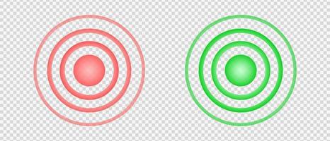 Concentric red and green signs. Pain and healing points. Hurt and painkilling symbols. Round localization icons. Radar, sound or sonar wave vector