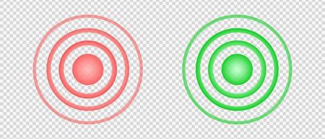 señales concéntricas rojas y verdes. puntos de dolor y curación. símbolos heridos y analgésicos. iconos de localización redondos. onda de radar, sonido o sonar vector