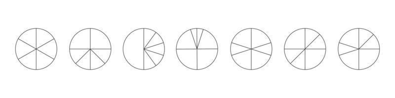 delinear círculos separados en 6 segmentos aislados sobre fondo blanco. formas redondas de pastel o pizza cortadas en diferentes seis rebanadas. ejemplos simples de infografia estadistica vector