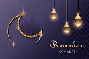 Islamic mosque silhouette with gold moon, lantern, pattern. Realistic 3d banner for celebration Holy Month of Muslim Community. National religious holiday. Eid mubarak greeting card. Vector