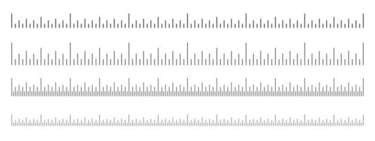 escala del conjunto de reglas. tabla de medidas horizontales con marcado en pulgadas. medición de distancia, altura o longitud herramienta matemática o de costura vector