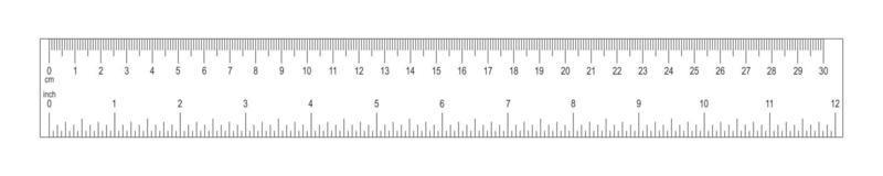 Horizontal ruler with 30 centimeter and 12 inch scale. Measuring chart with markup and numbers. Distance, height or length measurement tool vector