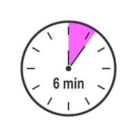 Timer icon with 6 minute time interval. Countdown clock or stopwatch symbols. Infographic elements for cooking preparing instruction vector