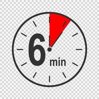 Clock icon with six minute time interval. Countdown timer or stopwatch symbol with 6 min text. Infographic element for cooking or sport game vector