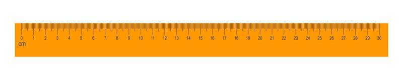 Regla naranja de 30 centímetros aislada sobre fondo blanco. herramienta matemática o geométrica para la medición de distancia, altura o longitud con marcado y números vector