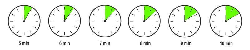 Timer icons with 5, 6, 7, 8, 9, 10 minute time interval. Countdown clock or stopwatch symbols. Infographic elements for cooking preparing instruction vector