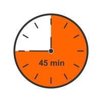 Clock icon with 45 minutes time interval. Countdown timer or stopwatch symbol. Infographic element for cooking instruction or sport game vector