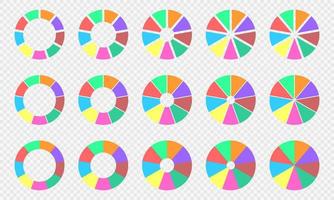 conjunto de gráficos circulares y de anillos. diagramas circulares divididos en 9 secciones. ruedas infográficas coloridas. formas redondas cortadas en nueve partes iguales aisladas sobre fondo transparente vector