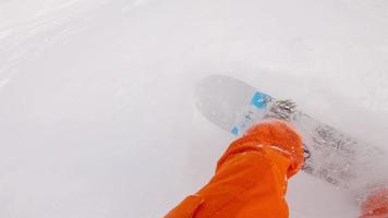 POV-Aufnahme eines Snowboarders, der auf die Vorderseite seines Boards blickt video