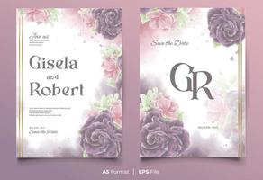 plantilla de invitación de boda de acuarela con adorno de flor violeta y rosa vector