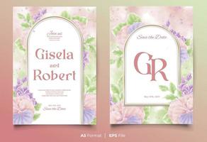 plantilla de invitación de boda de acuarela con adorno de flor rosa y púrpura vector