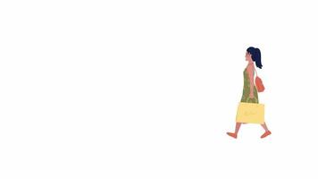 niña caminando animada con paquetes. experiencia de compra. persona plana de cuerpo completo sobre fondo blanco con transparencia de canal alfa. Imágenes de video de 4k de estilo de dibujos animados en color del personaje para animación