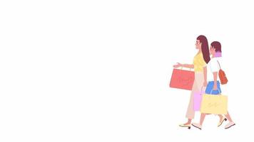 Animated mom and daughter with bags. Purchasing clothes together. Flat people on white background with alpha channel transparency. Color cartoon style 4K video footage of characters for animation