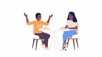 chico de escucha animado en la mesa de la cena. Comiendo juntos. personas planas de cuerpo completo sobre fondo blanco con transparencia de canal alfa. Imágenes de video de 4k de estilo de dibujos animados en color de personajes para animación