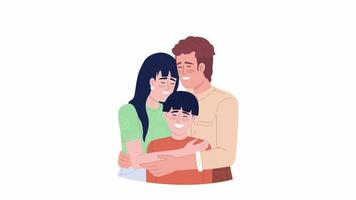 Animated parents hugging child. Showing affection. Half body flat people on white background with alpha channel transparency. Color cartoon style 4K video footage of characters for animation